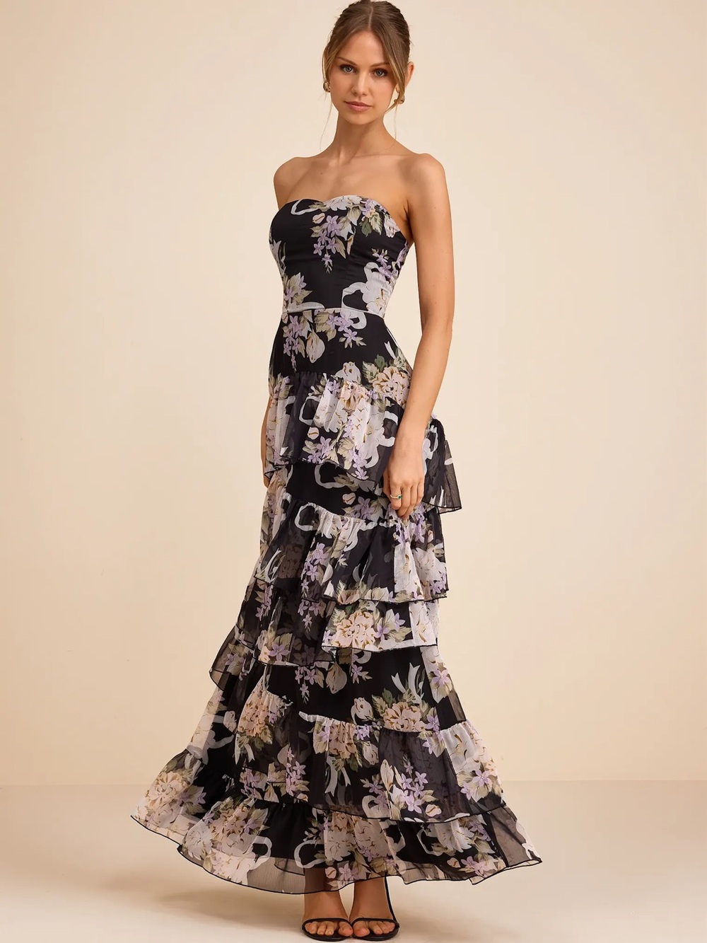 Lulus Niyati Black Floral Strapless Tiered Maxi Dress Size XL